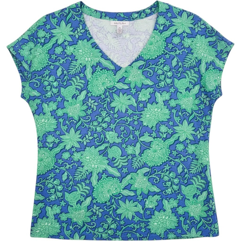 J. Jill Luxe Supima Pleat-Back Tee XL Tall Blue Green Floral V-Neck T-Shirt